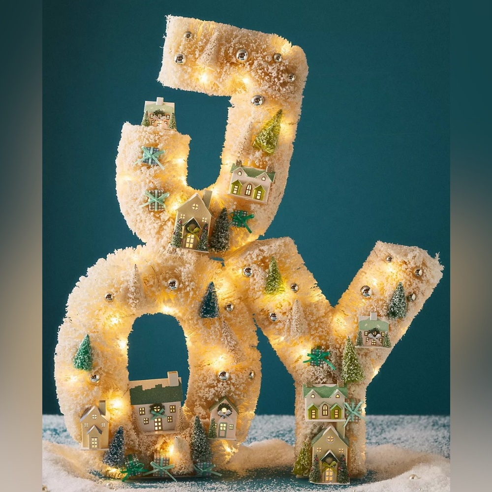 Anthropology Festive Illuminated Holiday Decoration JOY Sisal Light-up Diorama